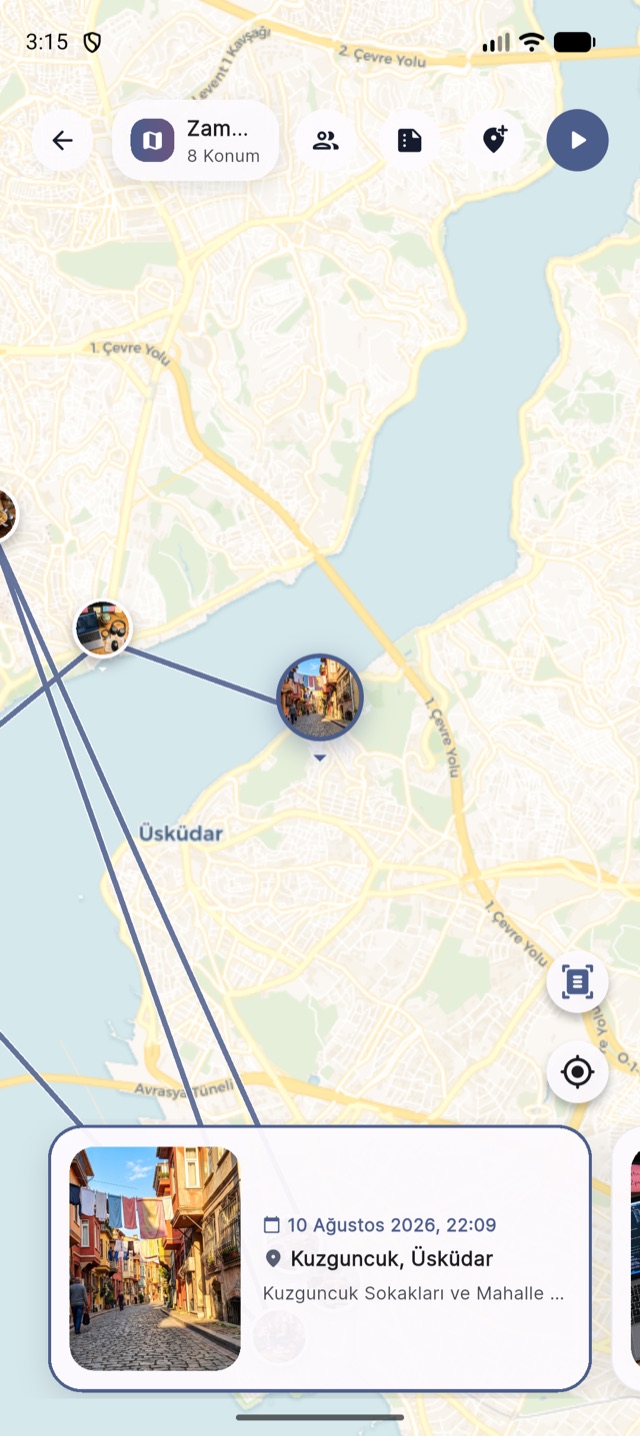 A map of Istanbul with photo memories pinned along a route.